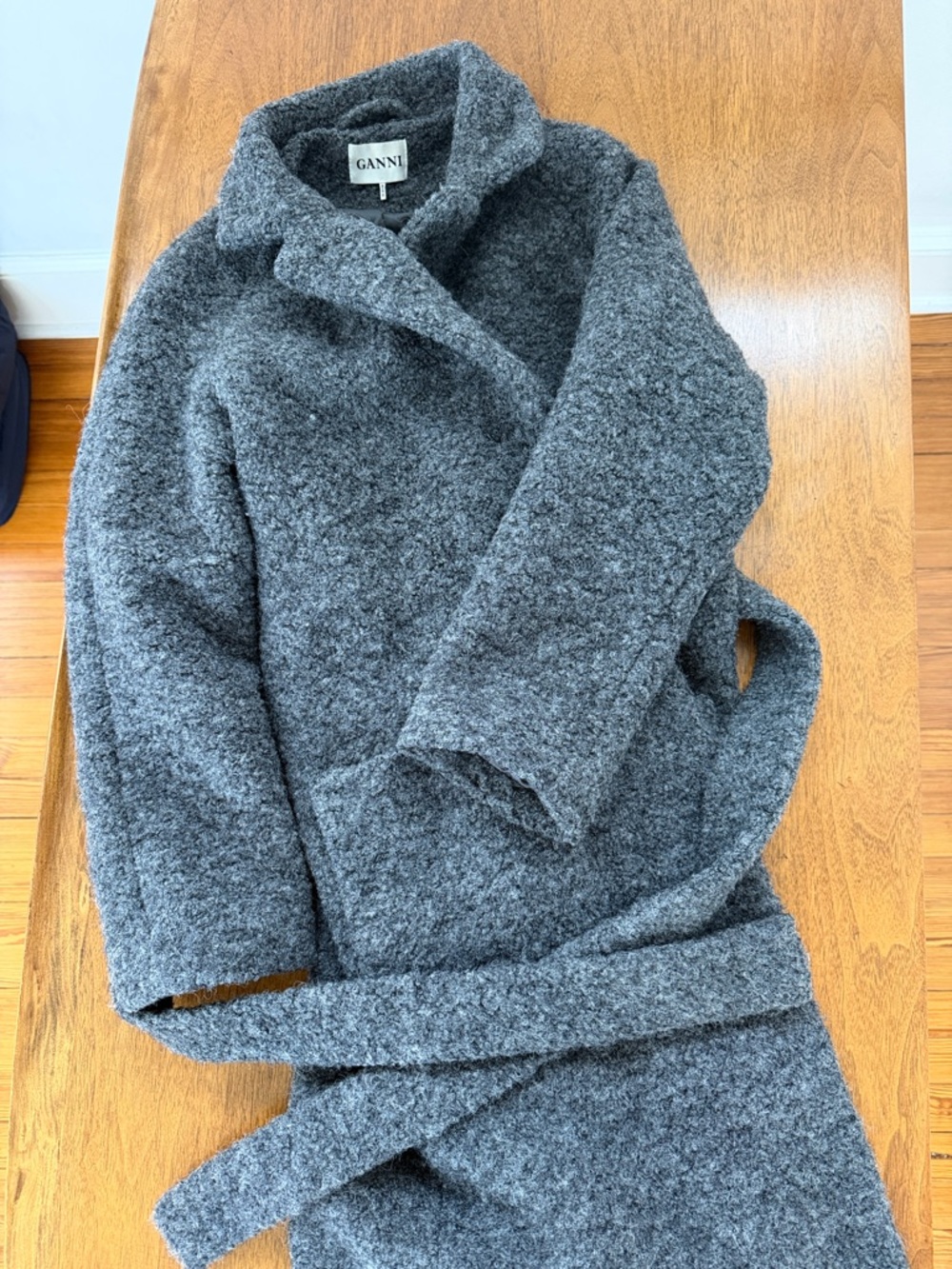 Ganni Charcoal Boucle Gray Belted Wool-Blend Long Robe Coat